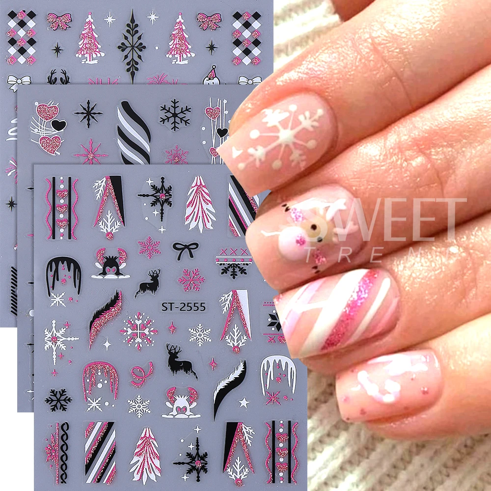 3/6개/세트 3D 크리스마스 네일 스티커 핑크 엘크 눈송이 리본 하트 네일 데칼 슬라이더 겨울 매니큐어 장식 네일 용품