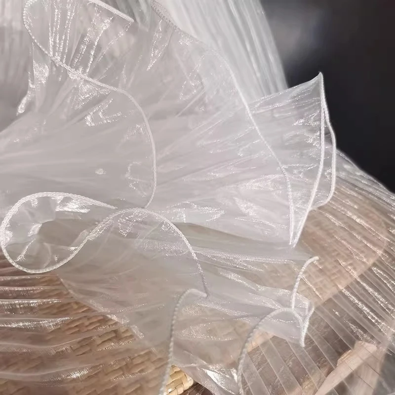White Organza Pleated Wave Fabric Pressed Fold Dress Designer Evening Gown Qipao Sheer Lightweight Fashion Textile Fabric