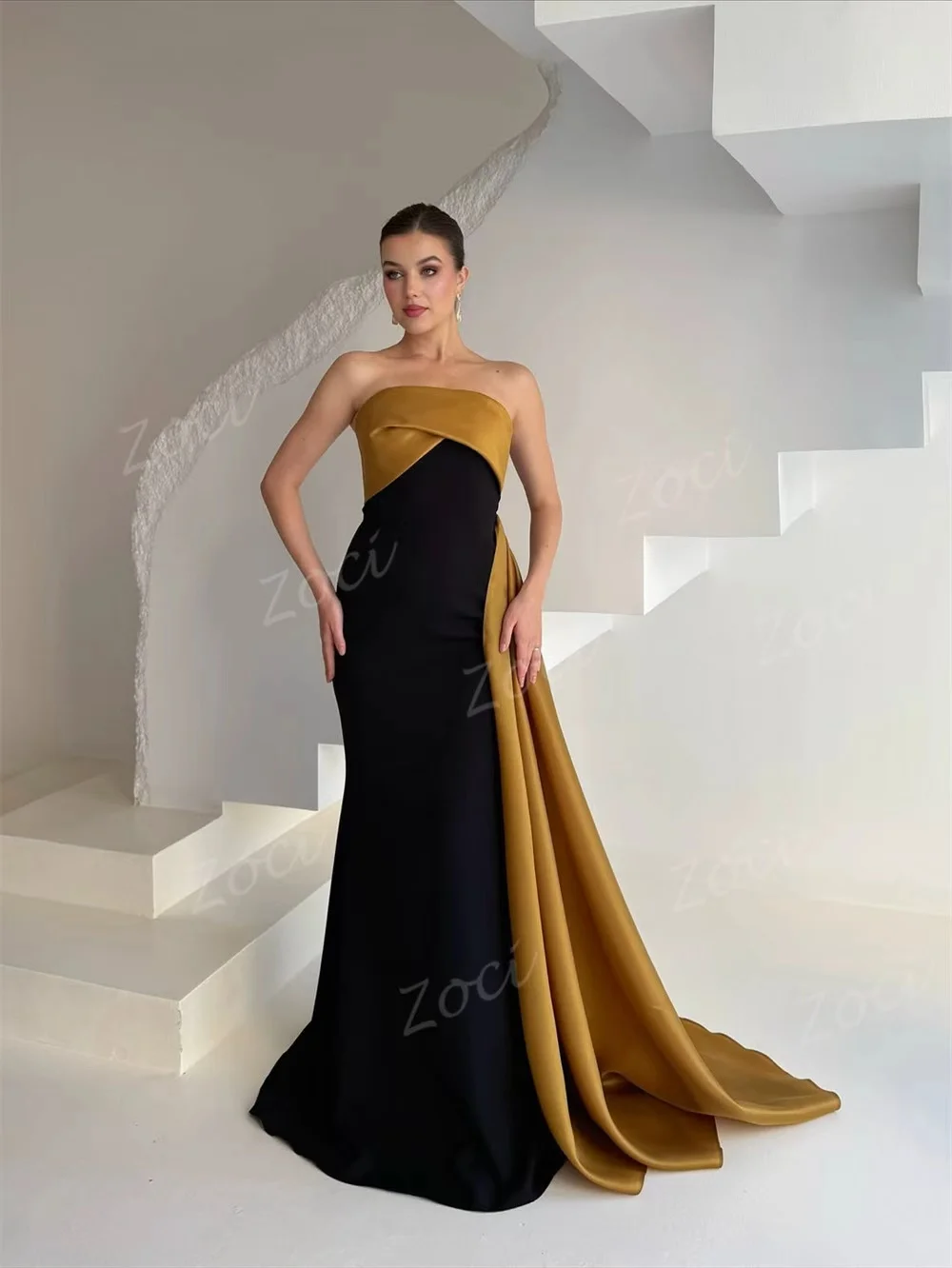 โซซี ﻿ ชุดราตรีทรงเมอร์เมดสุดหรู สีทองดำ ผ้าซาติน ชุดราตรีสำหรับผู้หญิง งานพิธีการ งานเลี้ยงสุดพิเศษ ชุดวันเกิด