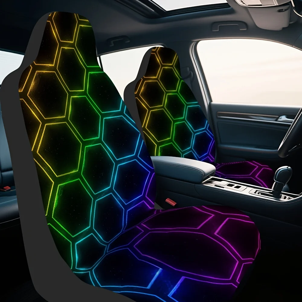 2pcs Neon Matrix Hexagon Front Seat Covers - Neon Green, Purple, Pink, Brown, Golden, Red, Orange, Yellow Lightweight