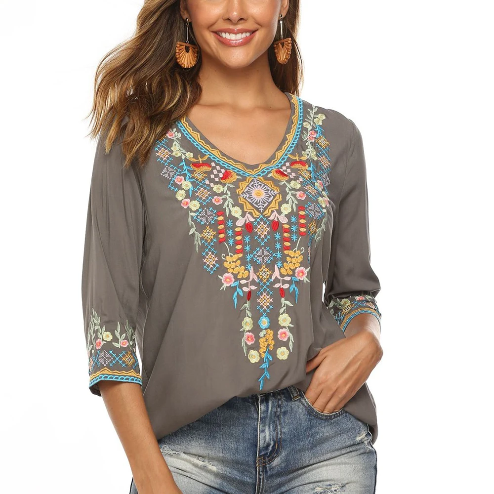 

Le Luz Boho Floral Embroidery Mexican Blouse Shirts Vintage Chic Autumn Blouse Women 2xl 3xl Ethnic Hippie Shirt Blouse 2022