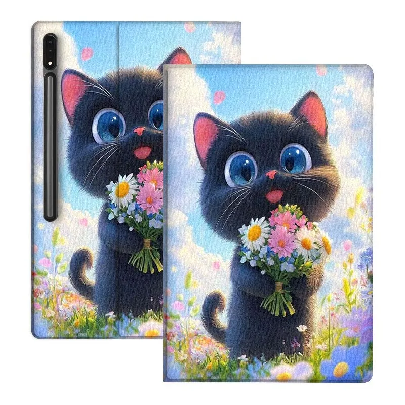 

Мягкий гибкий чехол для планшета Samsung Galaxy Tab S10 S9 S8 S7 FE Lite с милым черным котом и цветами