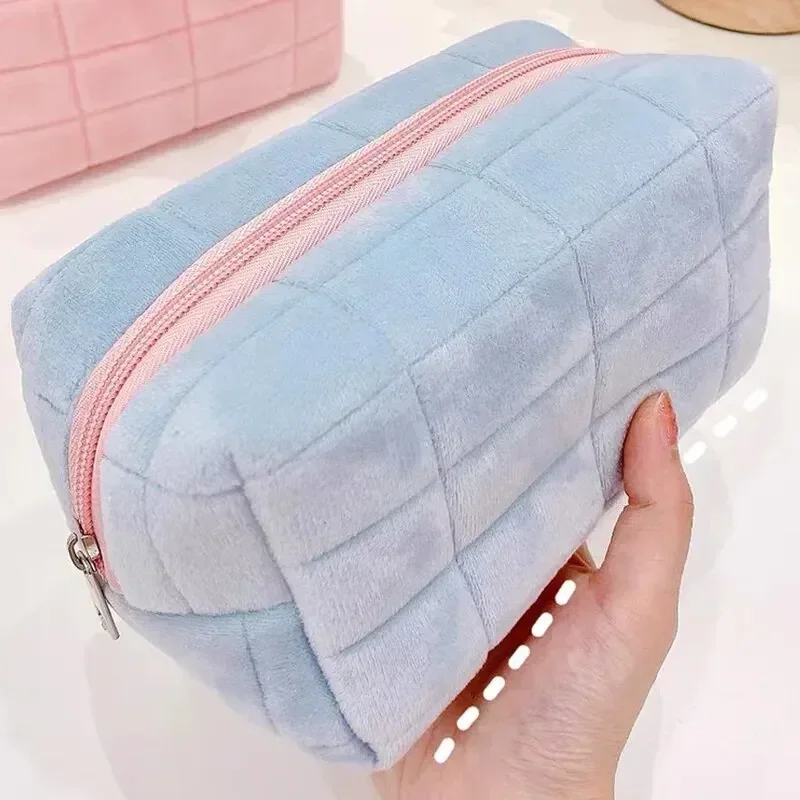 Bolsa de almacenamiento de cosméticos de piel azul para mujer, organizador de maquillaje con cremallera grande, bolso de papelería, estuche de lápices de viaje, perforador de tocador