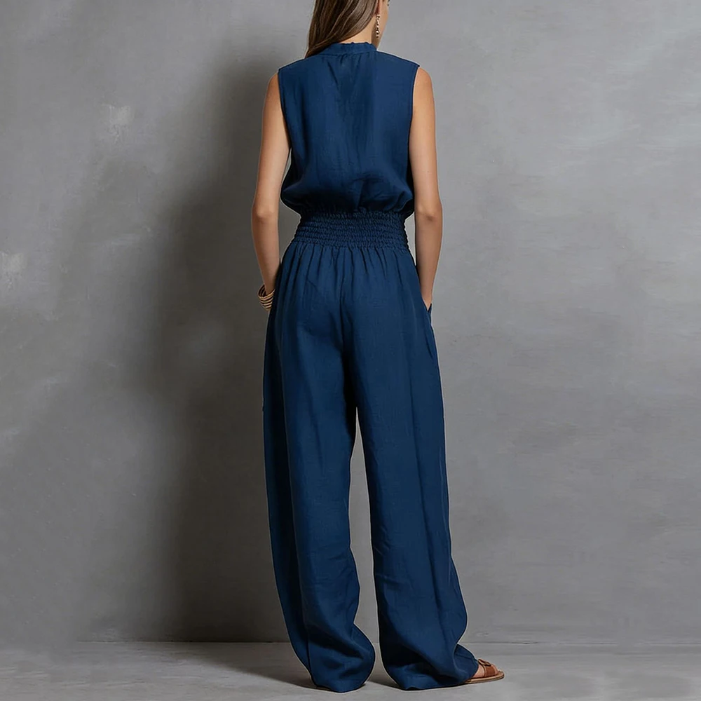 Bohemia Mock Ruffle Neck Jumpsuit For Women Sleeveless Drawstring Waist Wide Leg Pant Side Pocket Retro Vacation Loose Jumpsuit