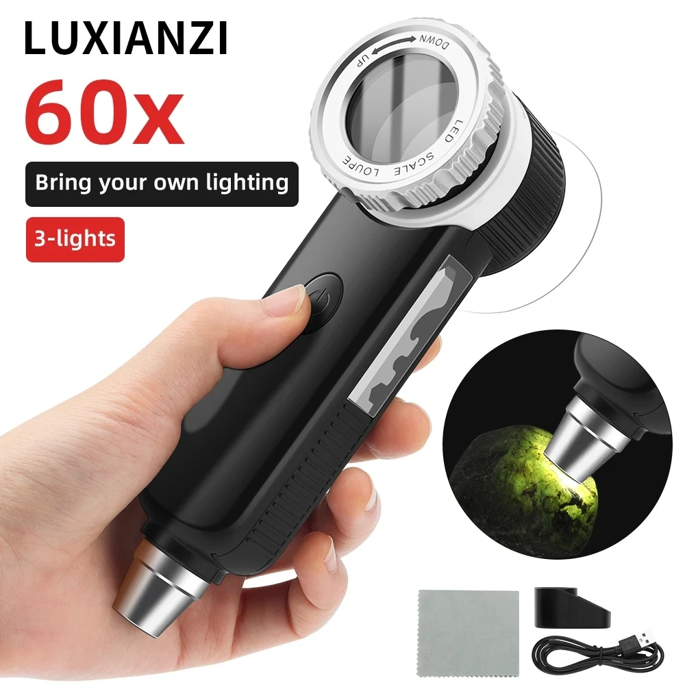 LUXIANZI 60X Magnifying Glass USB Rechargeable With LED UV lights For Seniors Reading Jewelry Jewelry Appreciation Magnifier