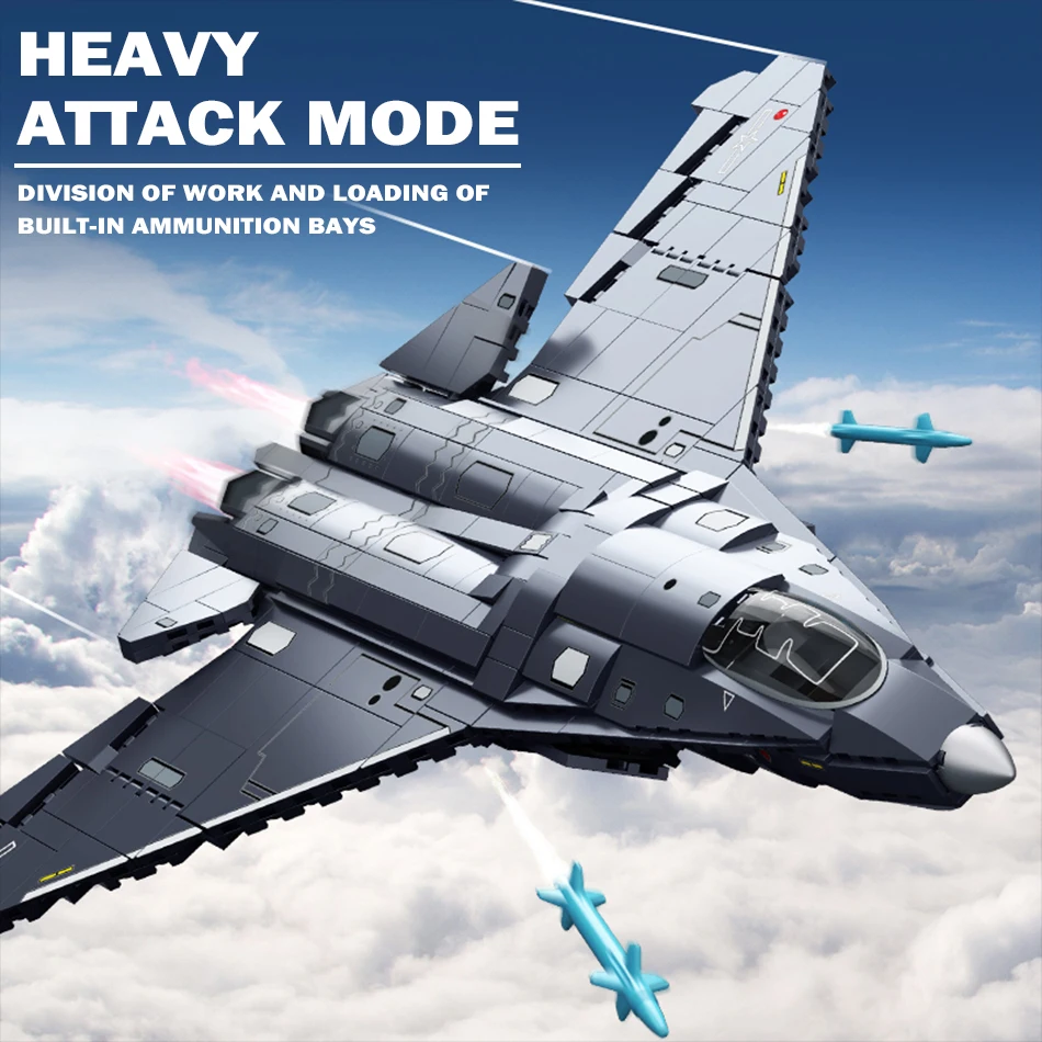 MOC 테크니컬 밀리터리 J-50 스텔스 항공기 모델 빌딩 블록 J-35 캐리어 기반 전투기 브릭 장난감 (어린이/성인 선물용)