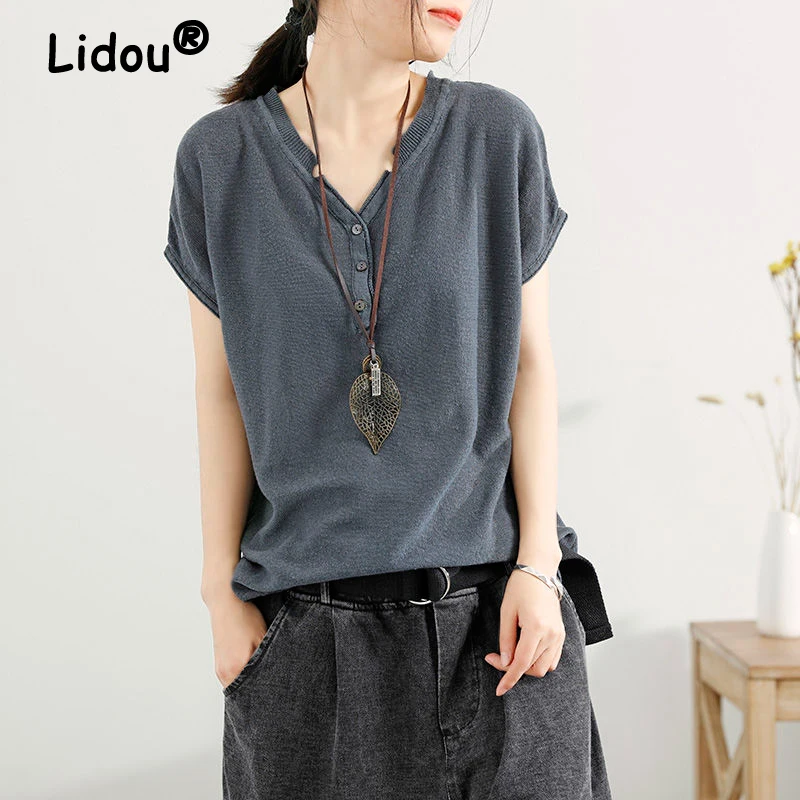 

Women's Clothing Summer Korean Style V Neck Short Sleeve Ice Silk Knitted Basic T-shirts Simple Casual Solid Loose Pullover Tops