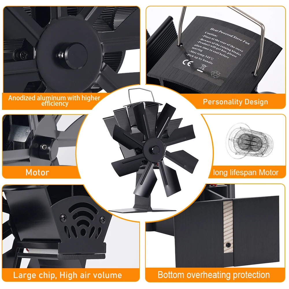 Wentylator kominkowy z 8 łopatkami, akcesoria do pieca na drewno, cichy, energooszczędny, z wysokim wydajnością rozpraszania ciepła, do użytku wewnątrz, na zimę, na zewnątrz, na kemping.