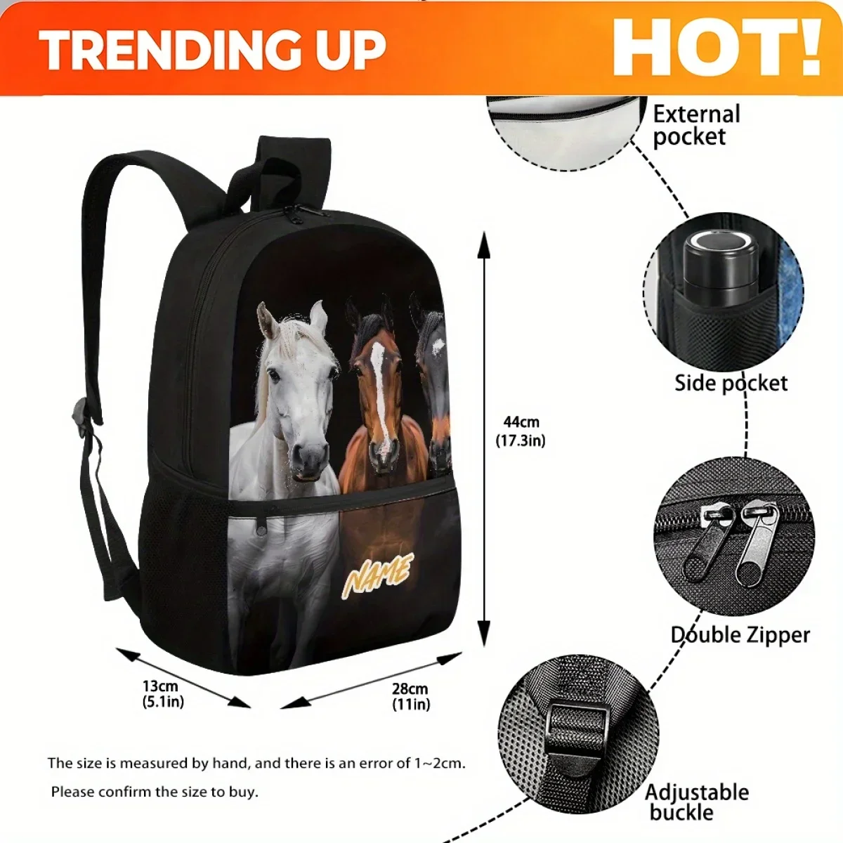 Custom Bag 1pc Custom Name Text Large Capacity Laptop Backpack - Stylish Horse Pattern, Durable Polyester, Adjustable Straps, Pe
