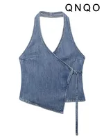 QNQO Denim Tank Top Women Summer Neck-mounted Sleeveless Chic Casual Tops 2024 New Fashion Solid Female Backless Sexy Crop Top