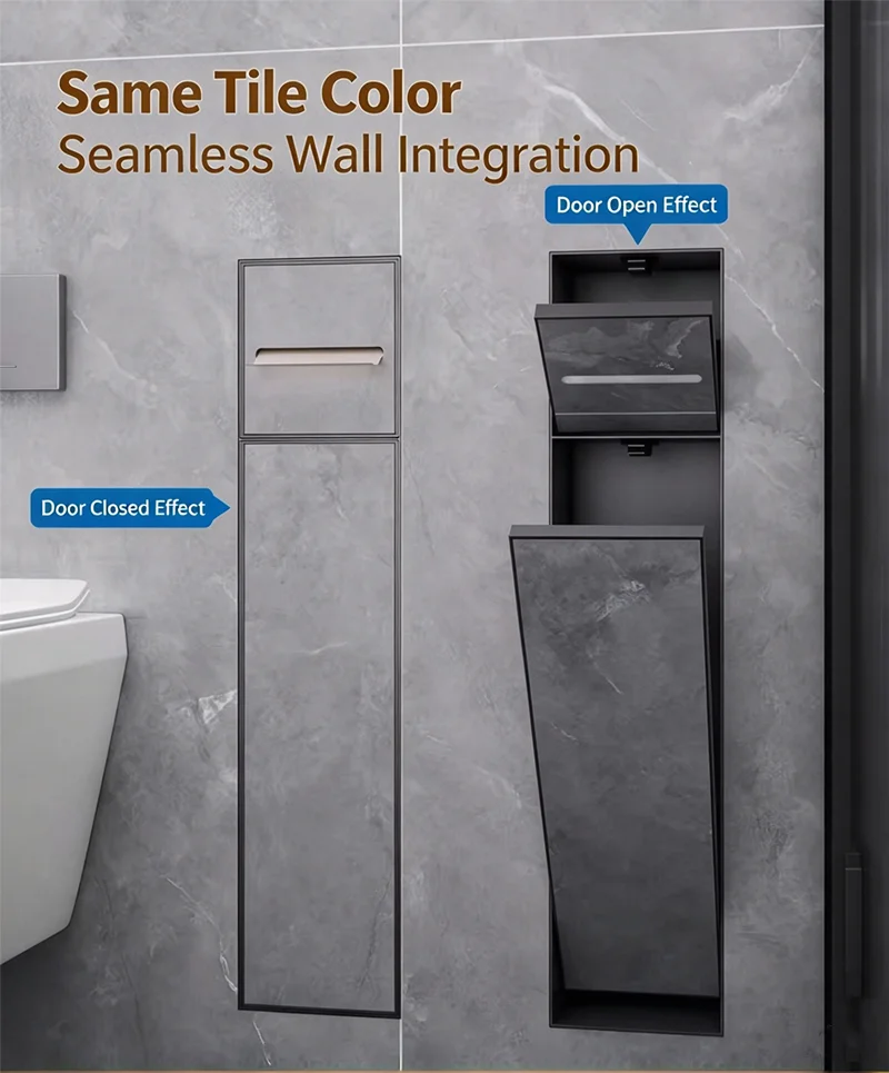 SUS304 Stainless Steel Embedded Bathroom Niche 150×680×140mm Matte Black 2‑in‑1 Toilet Paper Holder & Toilet Brush Holder