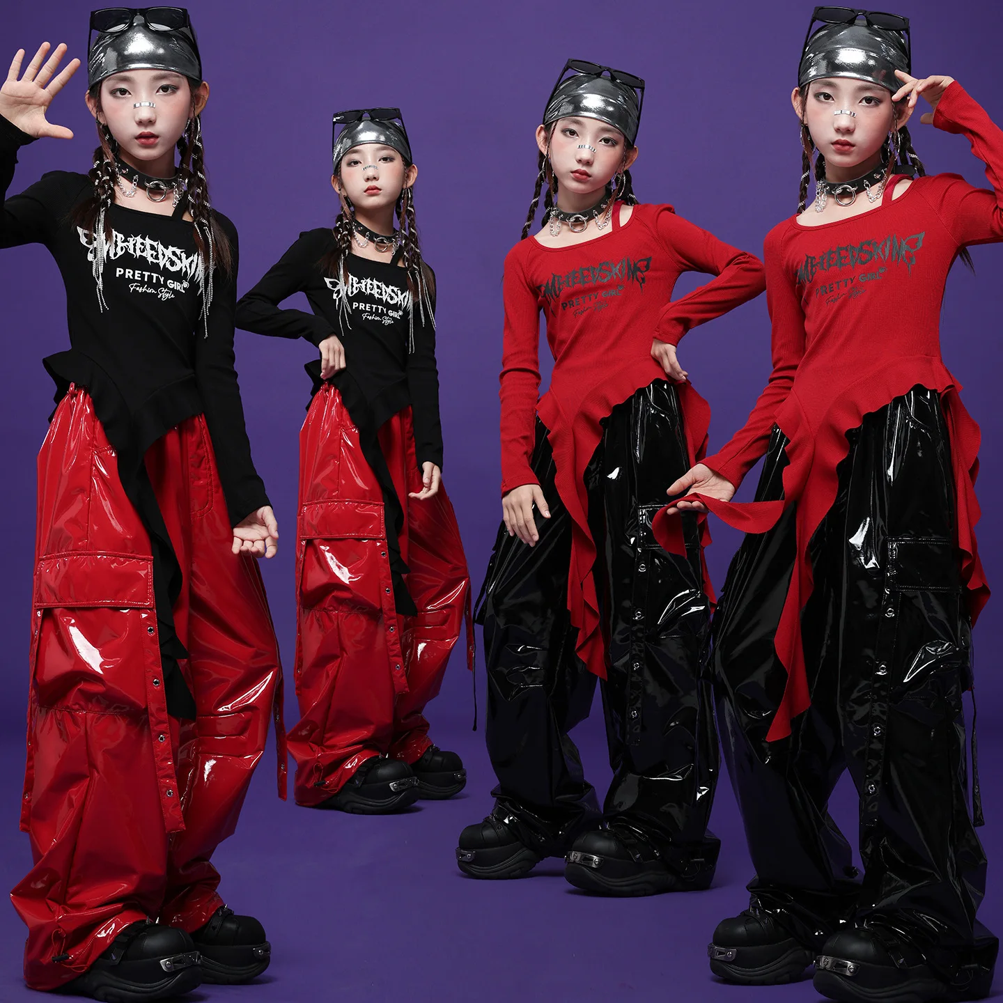 Hip Hop Cool Girls Long Sleeve Top Streetwear Bright Leather Pants K-pop Street Dance Clothing Group Stage Performance Costume
