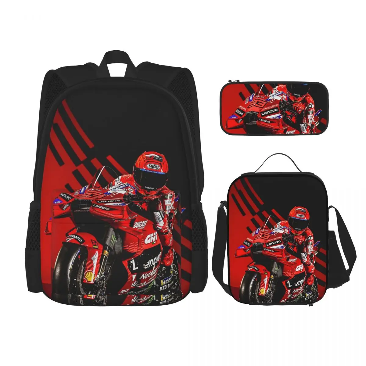 Motorcycle Racing Marqueze Backpacks Kids Bookbag School Bags Rucksack Lunch Bag Pen Bag Three-Piece Set