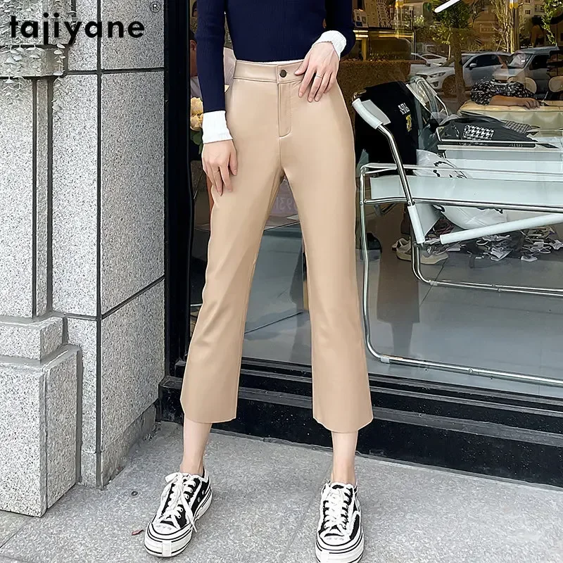 

Tajiyane Genuine Leather Pants Women Elastic Waist Sheepskin Pants Korean Fashion Nine-quarter Trousers Micro Flare Trousers