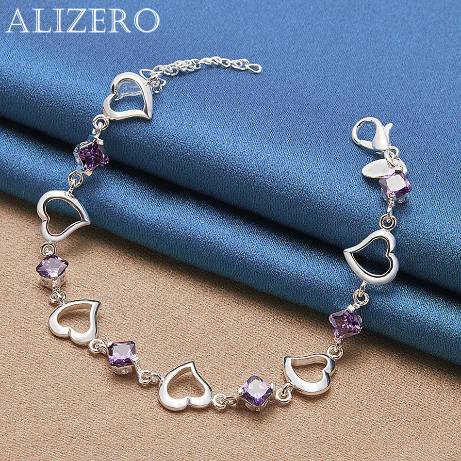 

ALIZERO 925 Sterling Silver Bracelet Purple Crystal Zircon Heart Bracelets For Women Fashion Wedding Party Jewelry Gift