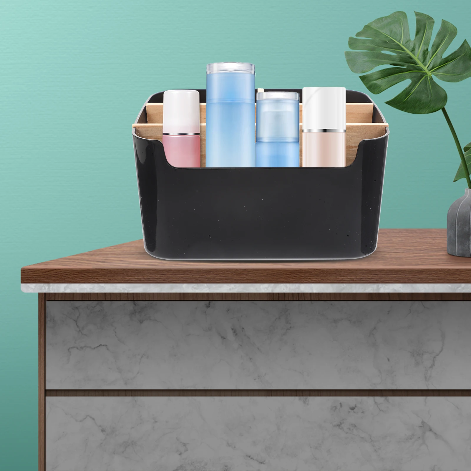 

Bamboo Wood Storage Box Makeup Organizer Desk Countertop Plastic Display Case Compact Size Easy Clean Skincare