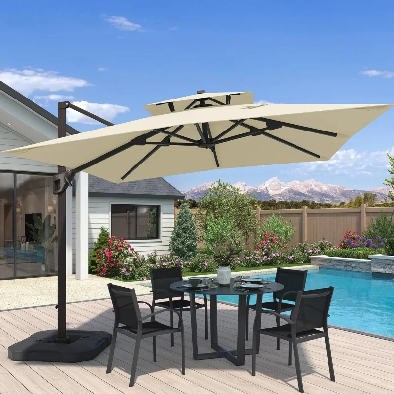 

10x10 FT Beige Cantilever Patio, Double Top Large Square, Heavy Duty Aluminum Offset, 360° Rotation &-Level Tilt