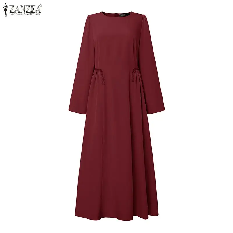 

ZANZEA, скромные хиджабы, женское платье макси с длинными рукавами и лентами, лоскутное длинное платье со сборкой на талии, мусульманская исламская одежда для Рамадана