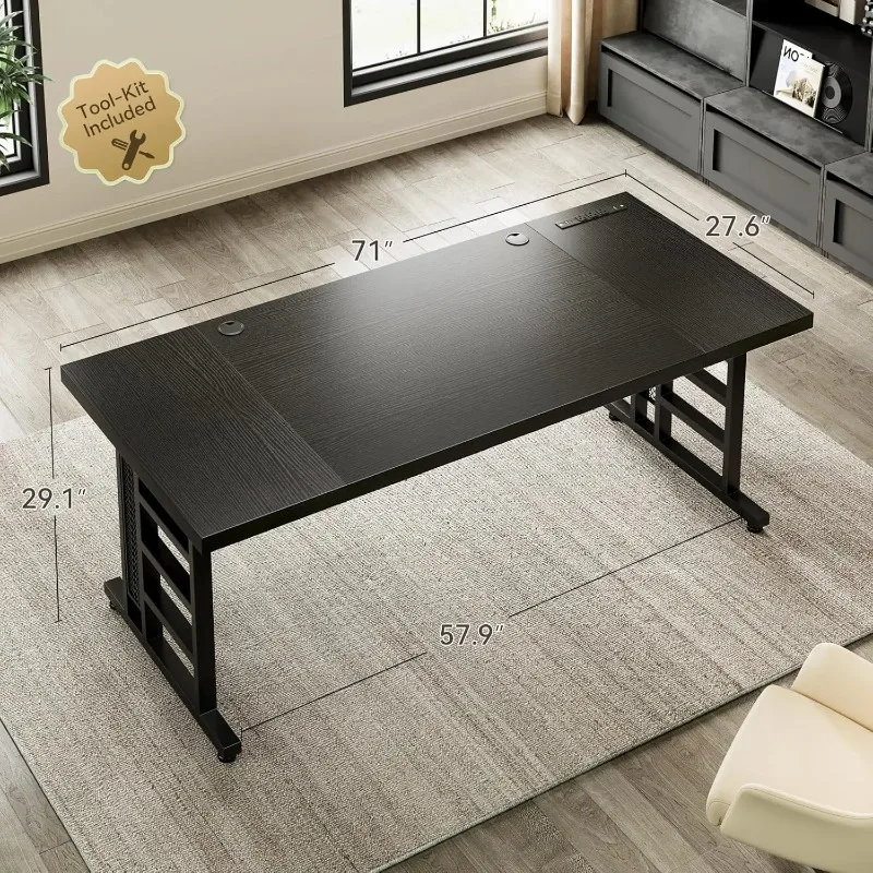71 Inch Executive Desk with USB Ports, Computer Office Desk, Large Mordern Writing Table, Workstation Business