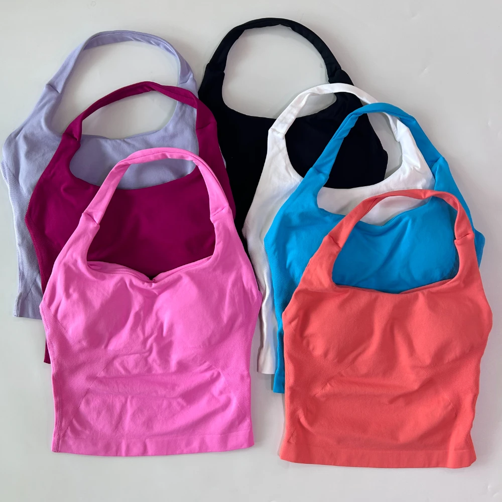 

No Logo Seamless Halter Top Backless Longline Strappy Padded Gym Top Women Built-in Bra Removable Cups Activewear Yoga Tank Tops