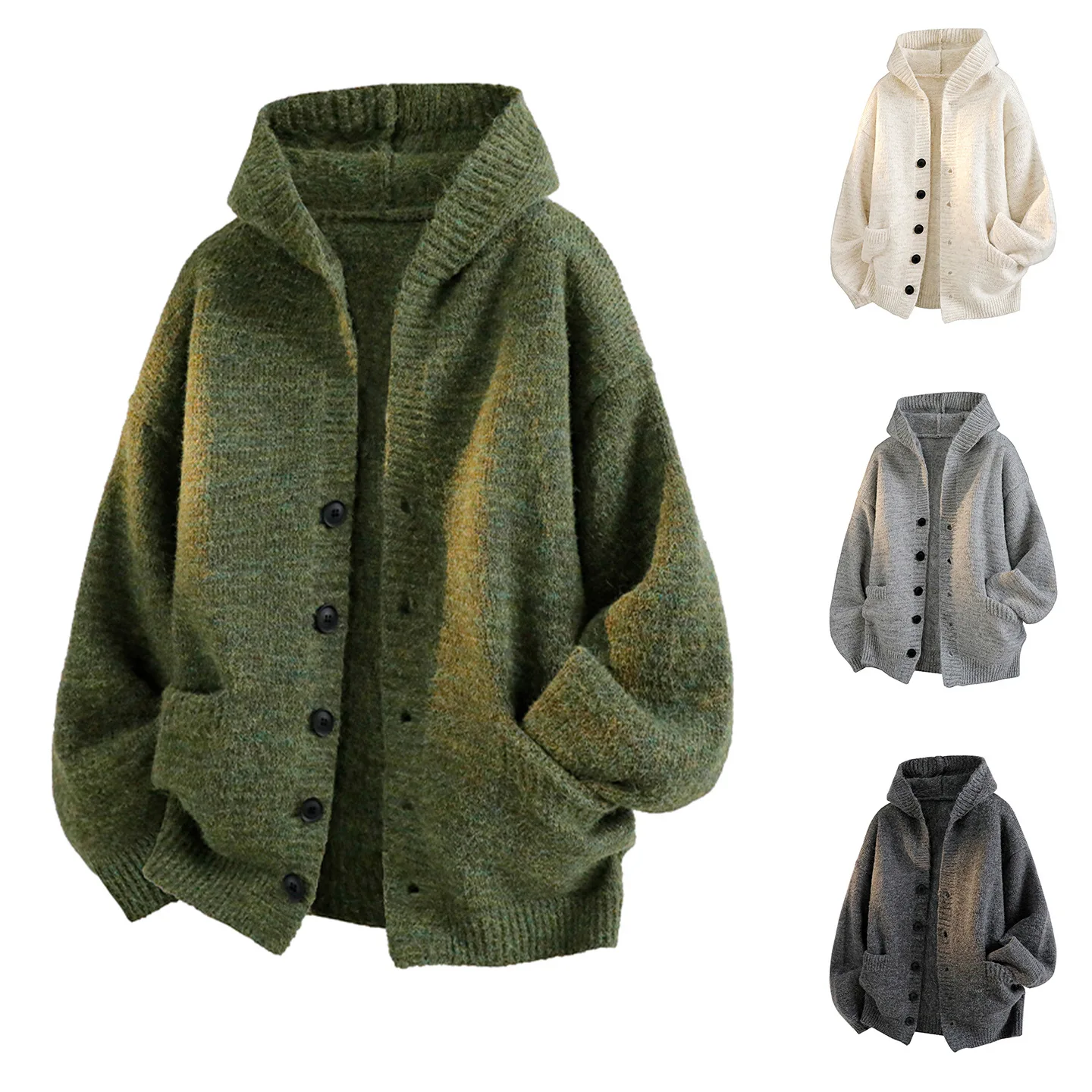 Hooded cardigan knitted sweater men's autumn and winter coat seahorse hair lazy loose sweater