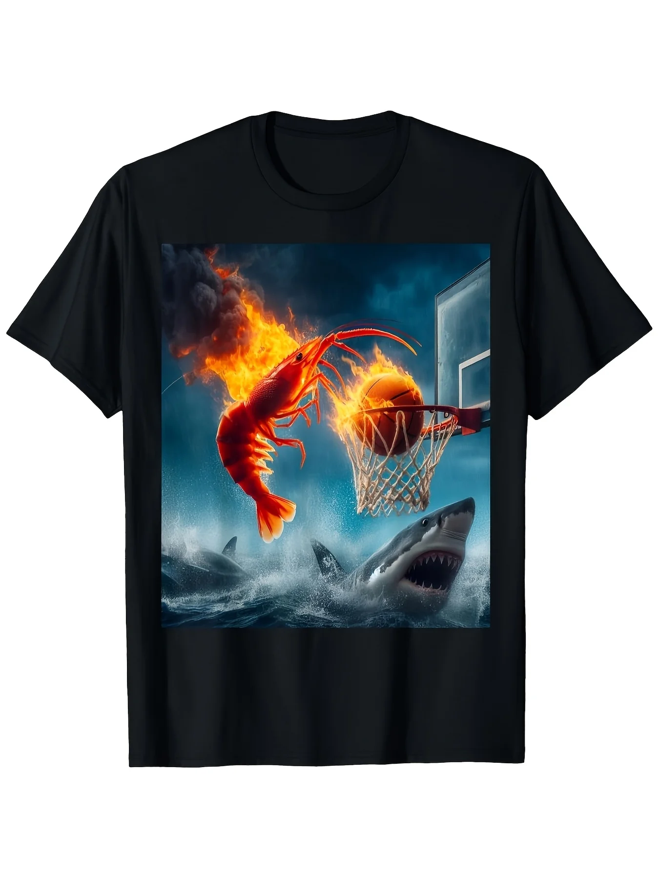 Fun Shrimp Button Shark Emblem T-shirt _ Lobster Vs. Shark Basket Pattern Design Suitable for Daily Leisure Occasions