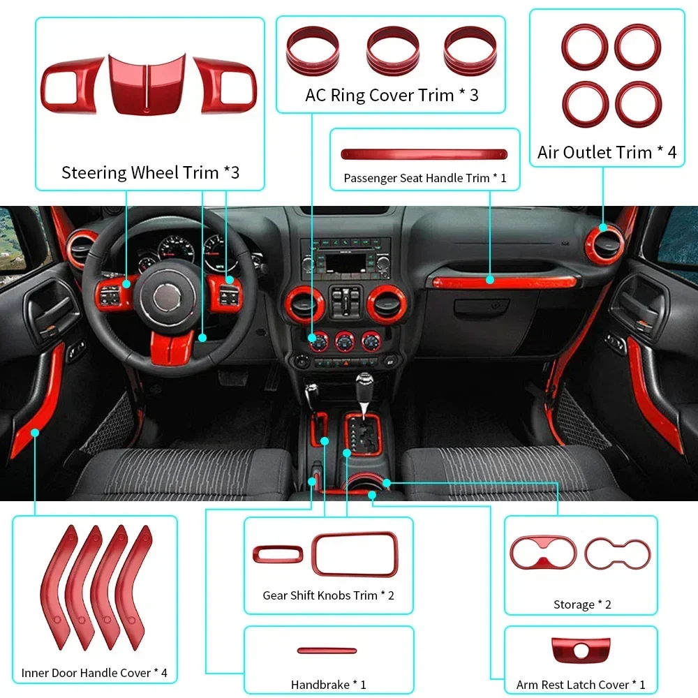 Full Set Interior Kit Trim 28PCS 2-Door 4-Door Door Handle Up Cover Steering Wheel Center Fit for Jeep Wrangler JK JKU 2011-2017