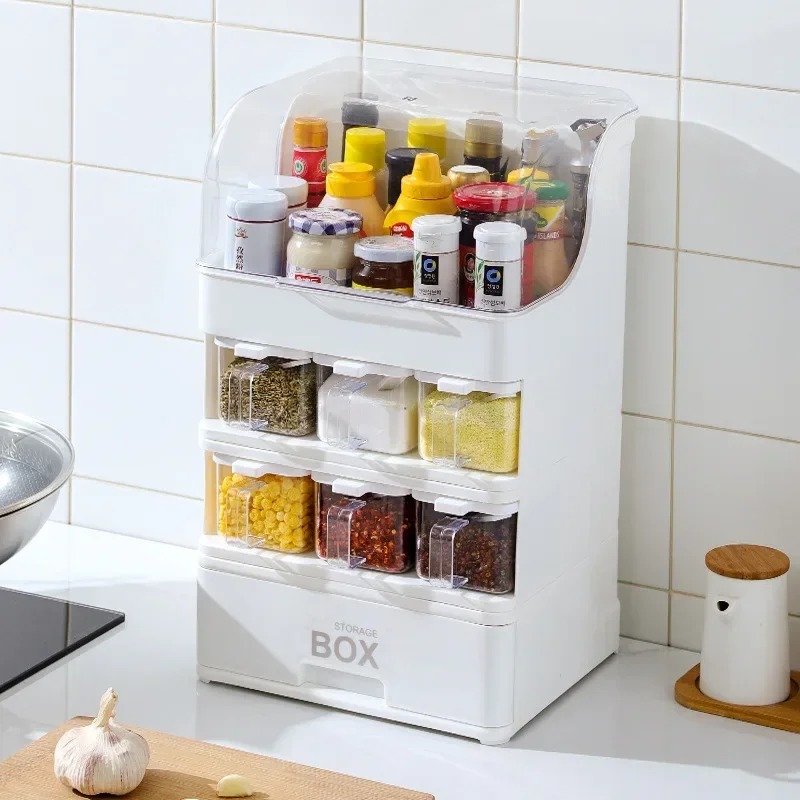 

Kitchen Seasoning Storage Rack With Lid Sauce Vinegar Bottle Sugar Salt Jar Storage Shelf Drawer Type Storage Box Dustproof