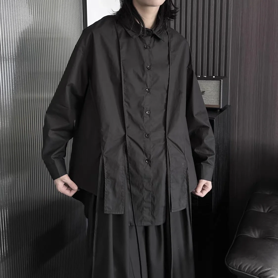 

2024 Spring Season Yamamoto Dark Long Sleeve Shirt Asymmetrical Design Sash Pure Color Top Button Cotton Blend Collar