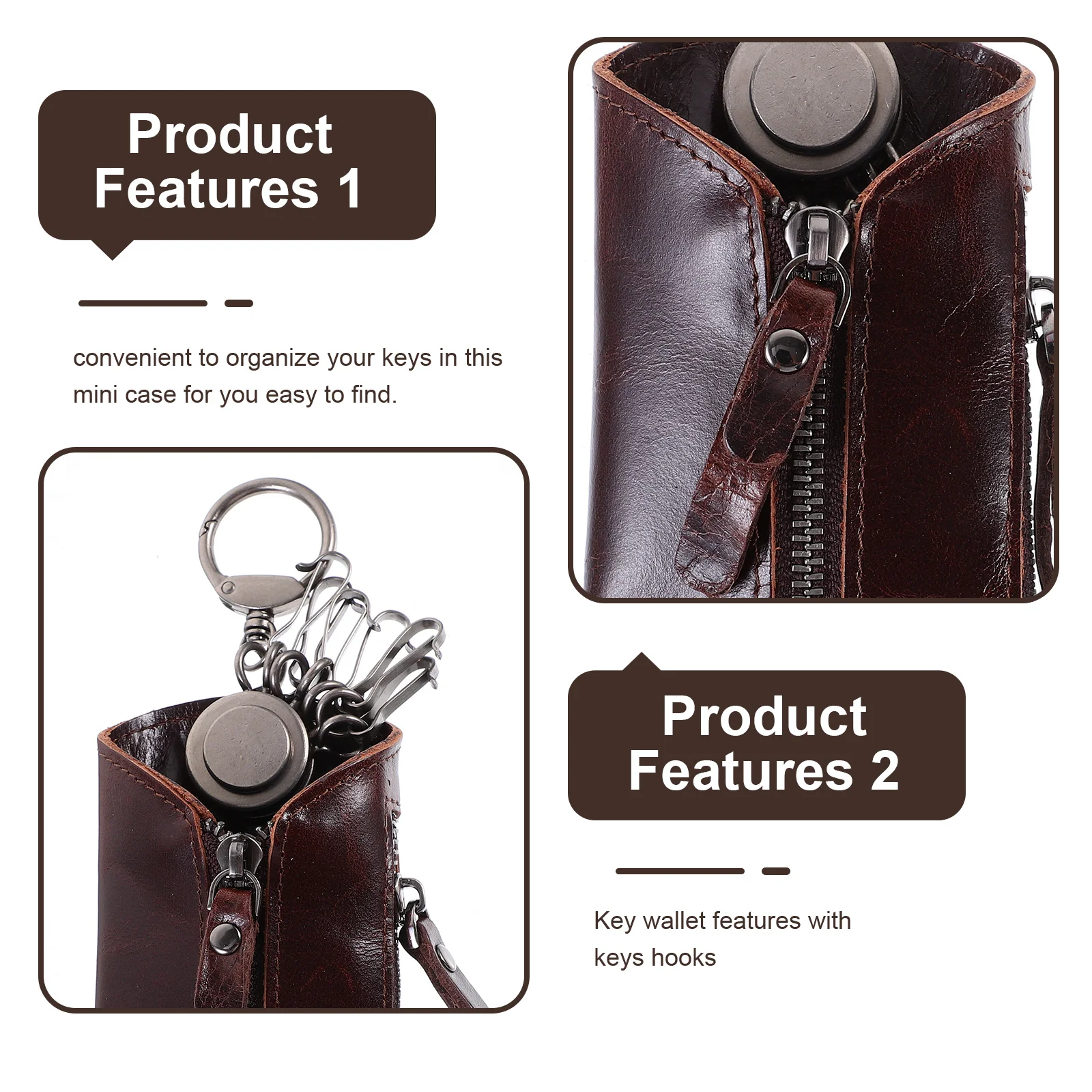 

Brown Cowhide Key Holder Case Organizer Compact Lightweight Car Key Wallet Large Capacity with 6 Keyrings