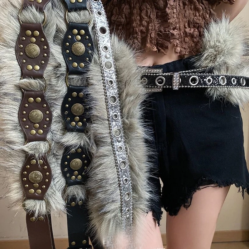 Y2K حار بنات حزام قطيفة القوطية الشرير الخصر سلسلة الرجعية تقليد الفراء الخصر سلسلة ثقافة فرعية الخريف الشتاء Harajuku مثير حزام #2