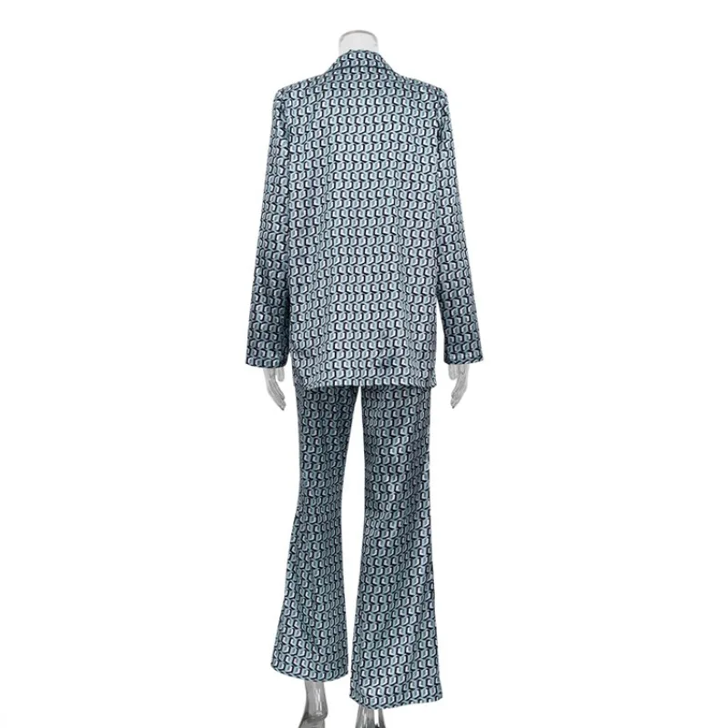 Damen Geometrischer Druck Dünner Blazer 2-Teiliges Set Langarm Loser Anzug Jacke Schlaghose Streetwear Herbst Passende Outfits – Detail 13
