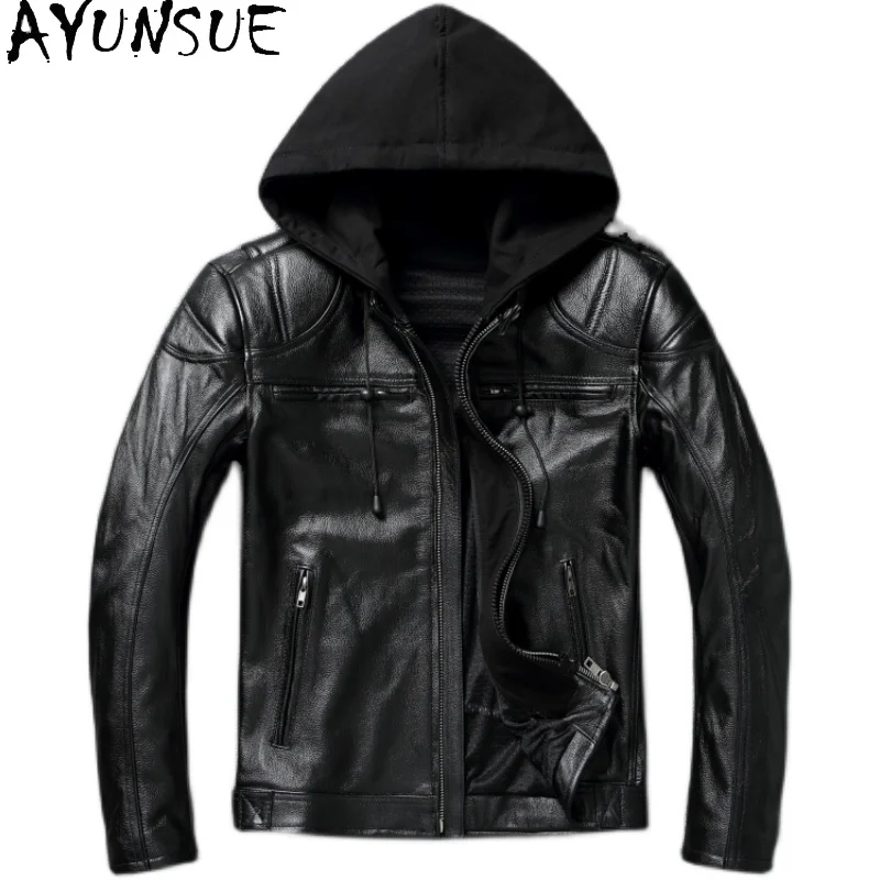 

AYUNSUE Cowhide Genuine Leather Mens Jacket Autumn Mens Clothing Short Motorcycle Jackets Hooded Style Blouson Cuir Homme