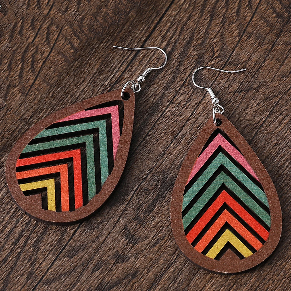 1 pair of Europe and the United States new geometric hollow drop-shaped multicolored double-sided wooden earrings female