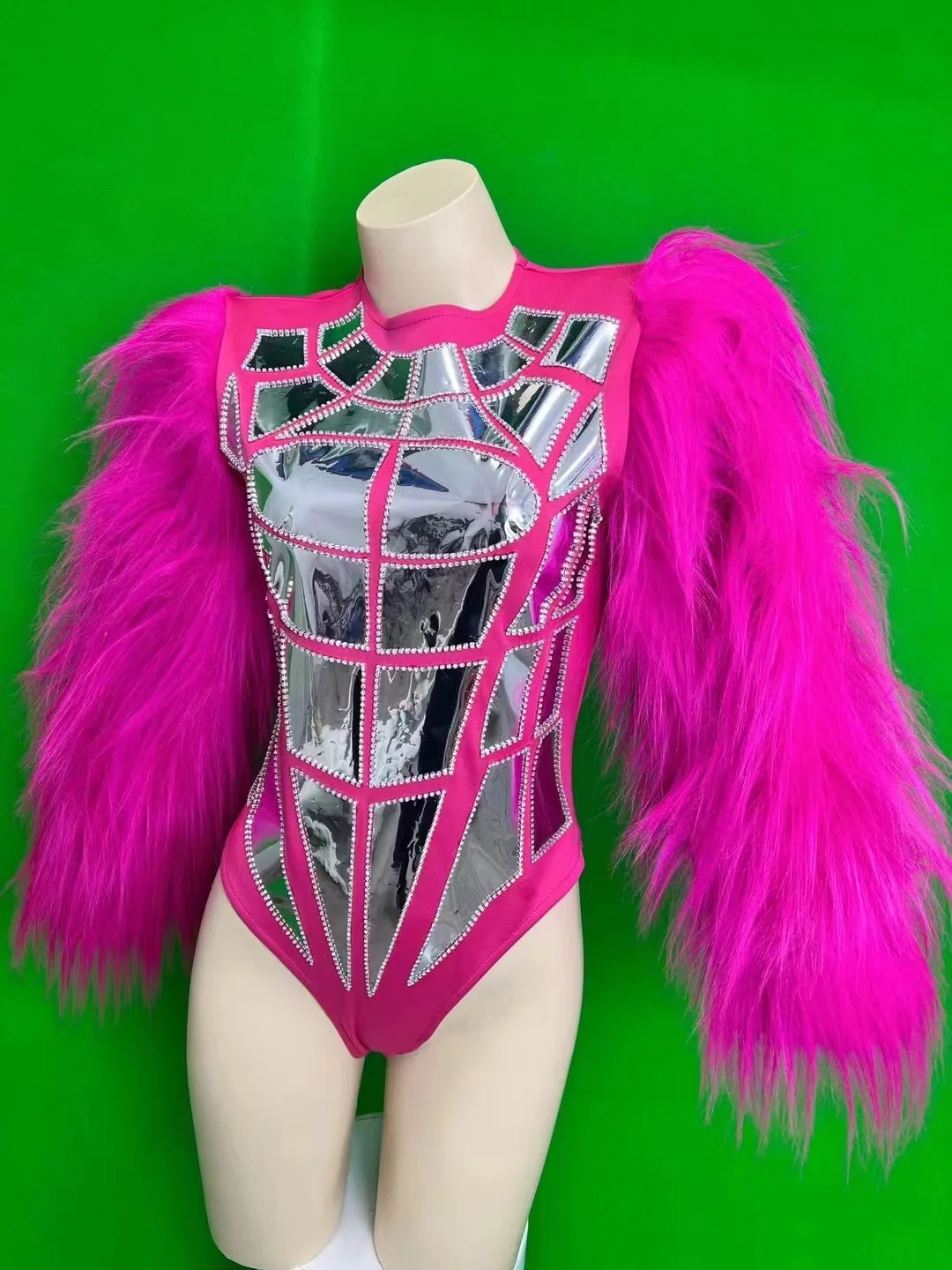 Fur Sleeve Fluorescent Green Rose Red Pink Laser Bodysuit Bar Nightclub Drag Queen Rave Outfit Line Gogo Stage Wear Sexy Dj