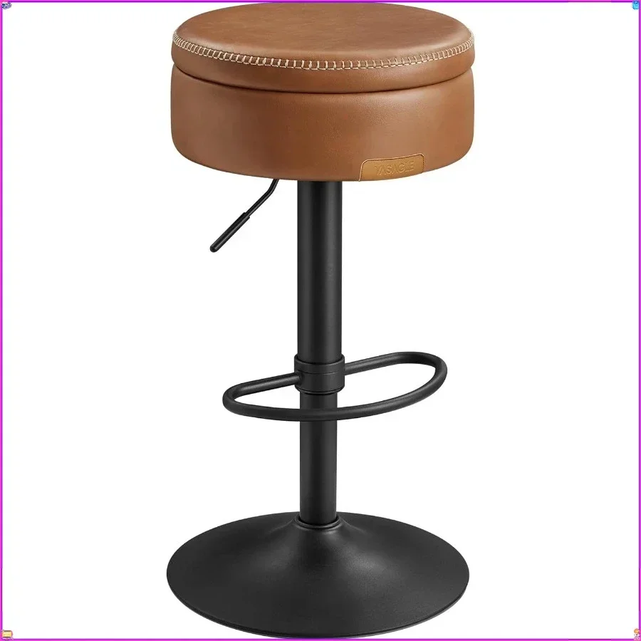 360 °   مقعد مرتفع للمطبخ، ارتفاع قابل للتعديل مع رف تخزين، خياطة جلدية صناعية بنية اللون