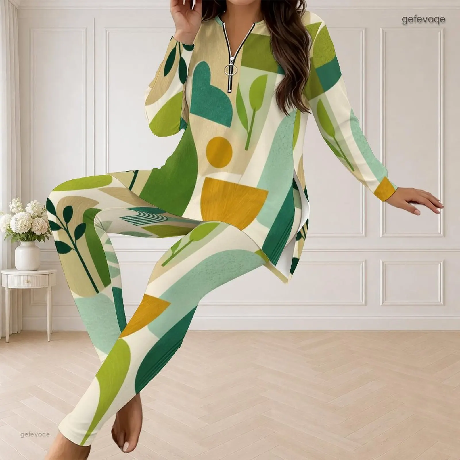 Fall Graphic Print Plus Size Sets Women V Neck Abstract Botanical Plus Size Clothes Womens Clothing For Loungewear Casual
