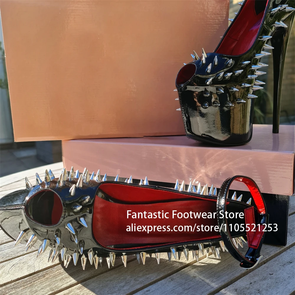 Gothic Punk Metal Spike Rivet Patent Leather Ankle Buckle Platform Stiletto Heels Royal Blue Alt Nightclub Party Shoes for Women view 2