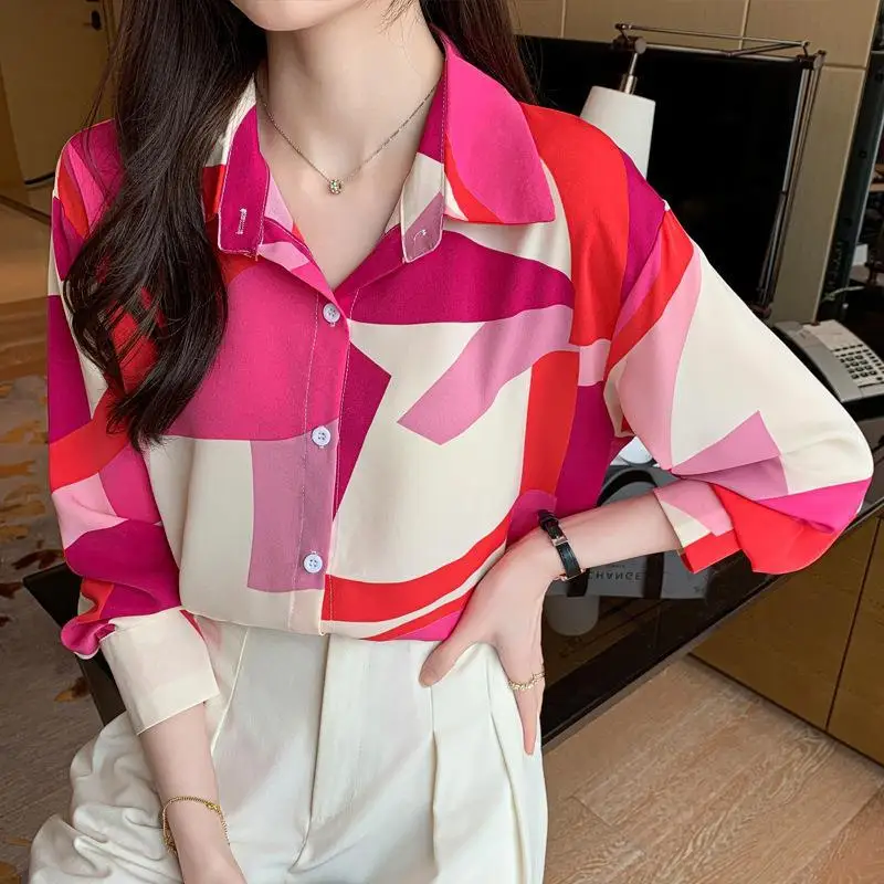 Spring Autumn Fashion Turn-down Collar Long Sleeve Blouses Women\'s Clothing Printing Patchwork Japanese Style Simplicity Shirts