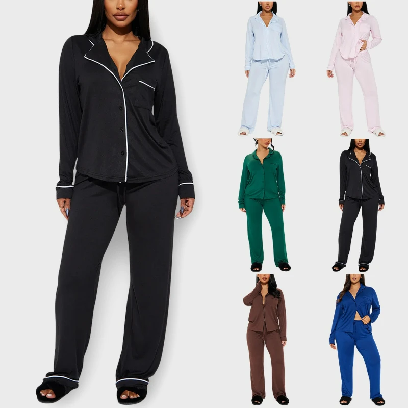 

Women Pajama Sets Casual Single Breasted Coats Lapel Full Sleeve Two Piece Lounge Suit Solid Straight Long Pants Autumn Winter
