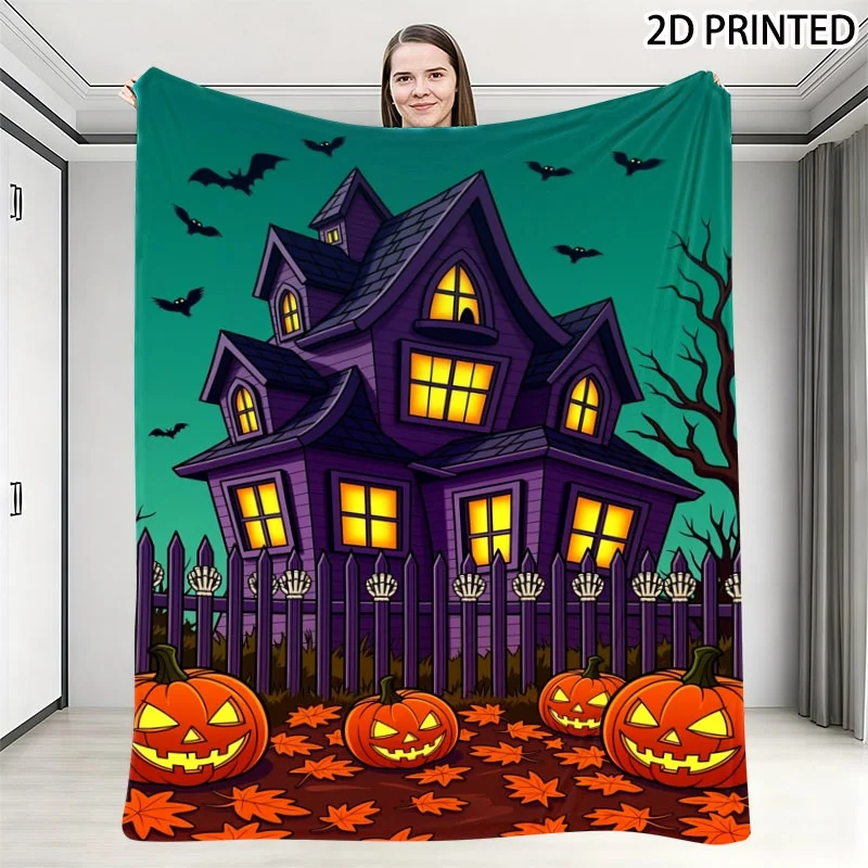 Halloween Spooky Cartoon Haunted House Print Throw Blanket, Festive Pattern with Glowing Jack-o'-Lanterns, Bats & Autumn Leaves,