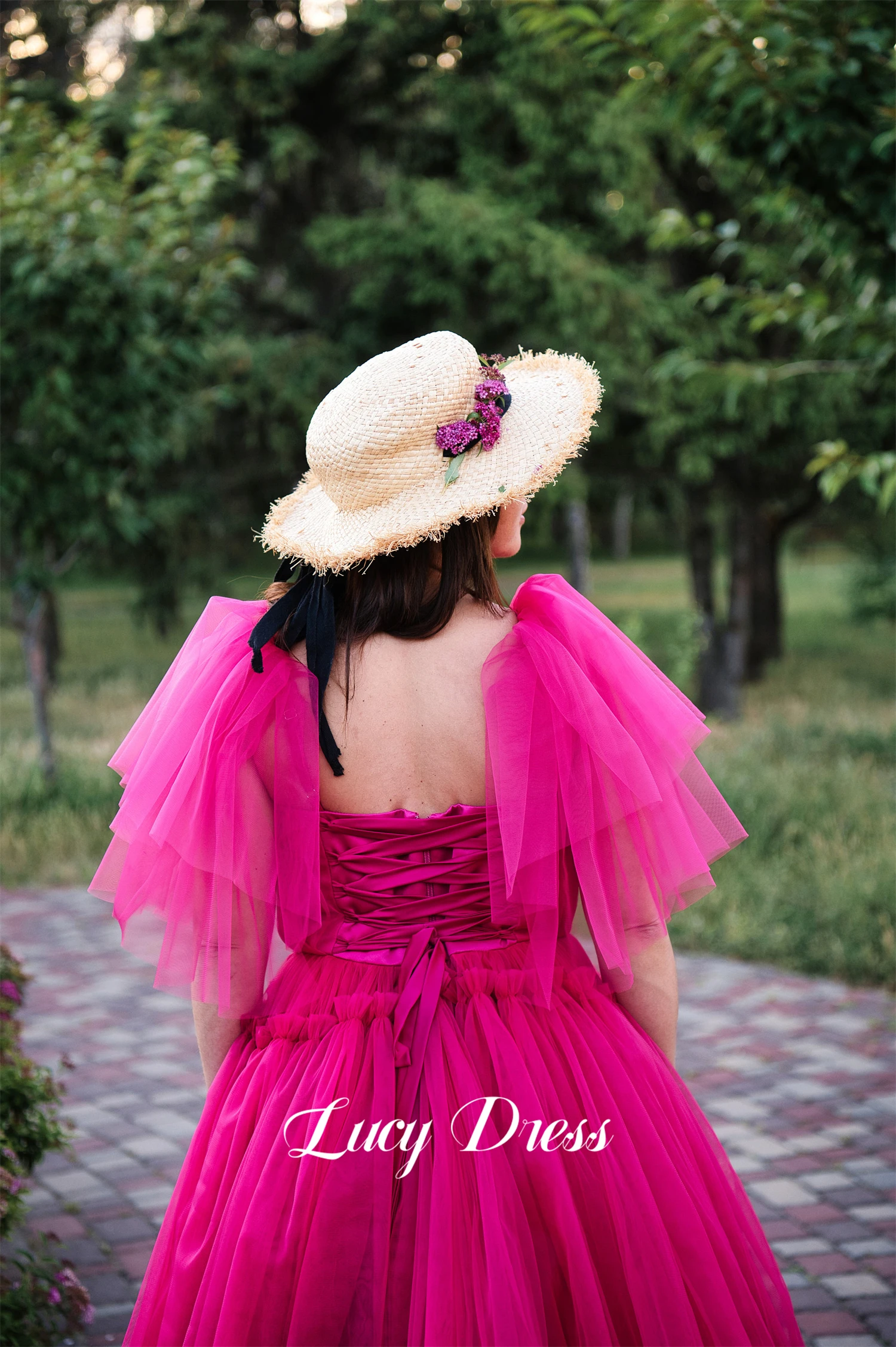 Lucy-vestido de graduación rosa roja para mujer, vestido de fiesta de cumpleaños en capas, línea A, malla de lujo, elegante, vestidos de noche para mujer