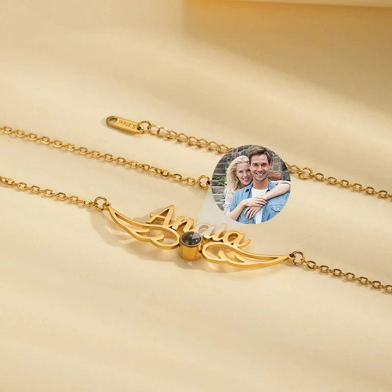 Custom Picture Projection Necklace Angel Wing Photo Pendant Necklace Customized Name Necklaces Birthday Memorial Gifts for Women - view 4