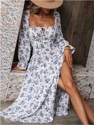 Spring Summer Sexy Square Collar Floral Ruffles Long Dress Women Casual Flare Sleeves Drawstring Lace up Print A Line Dress