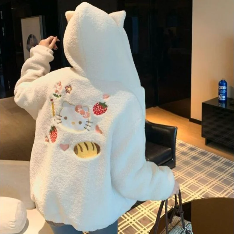 

Sanrio Hello Kitty Women's White Lamb Wool Short Hooded Embroidered Jacket Autumn Winter Fit Korean Fashionable Outerwear Coat