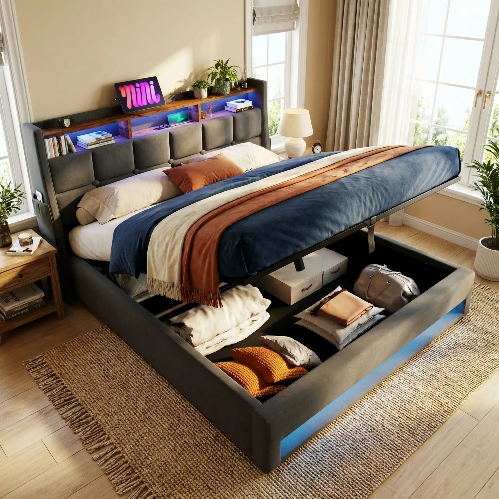 

Queen Size Upholstered Platform Bed: Hydraulic Storage, LED, Charging, No Box Spring, Easy Assembly, Grey (No Mattress)