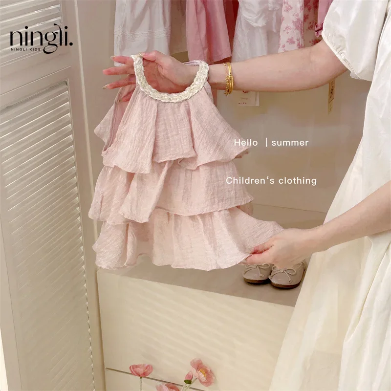 Girls Casual Dresses Summer New Children Clothing Sweet Vest Baby Cake 2024 Round Collar Fashion Soild Sweet Pink - Image 5