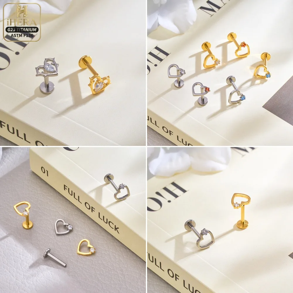 ASTM F136 Titanium Heart Shape Sparkly CZ Inlaid Lip Ring Nose Labret Stud  Ear Cartilage Piercing Jewelry Bulk Earrings view 2