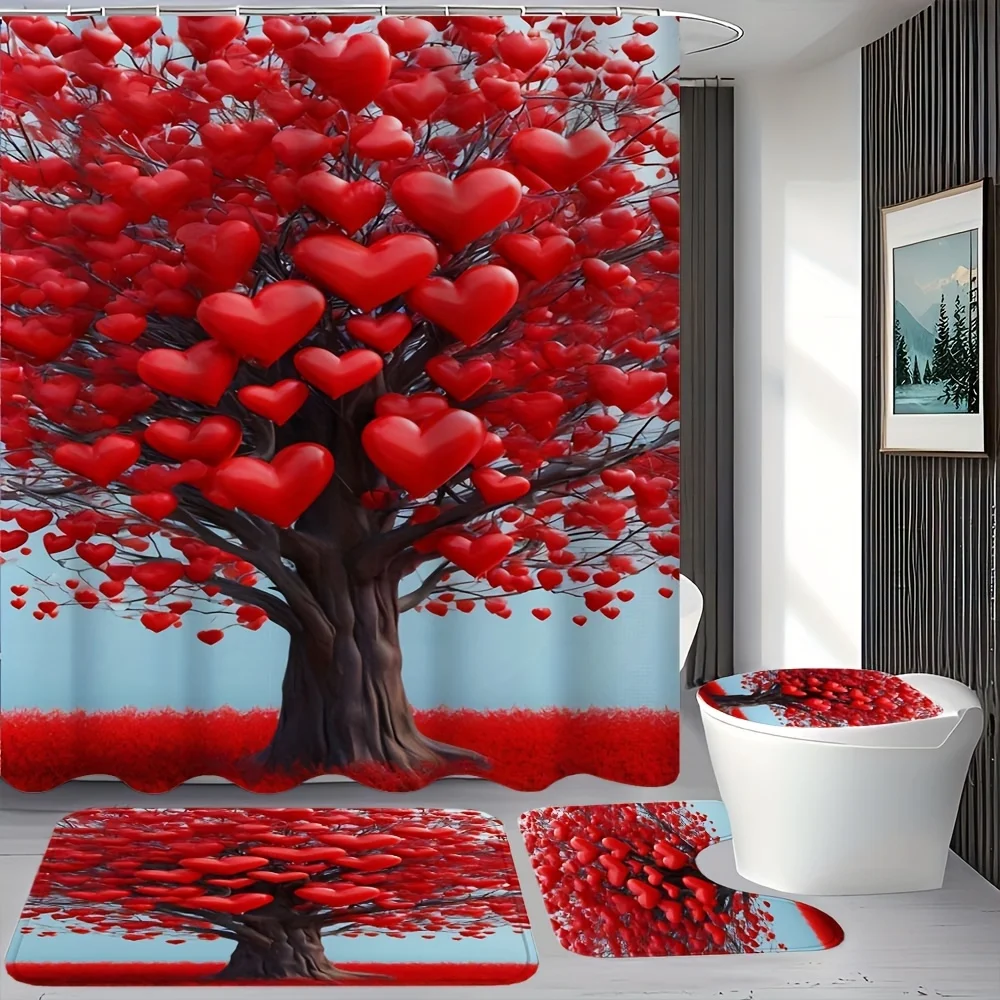 

Набор из 1/4 предметов с дизайном «Дерево любви», включая занавеску для душа с 12 крючками, нескользящий коврик, U-образную подкладку для унитаза, туалетный коврик.
