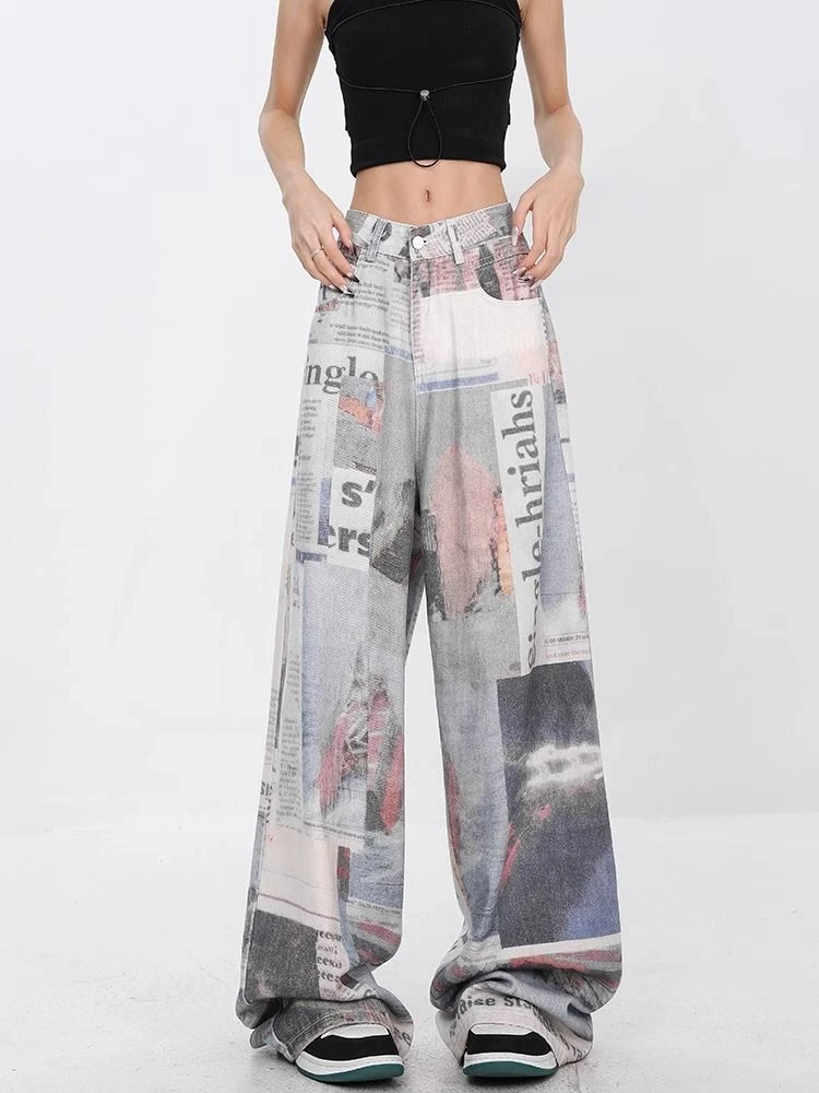 

Women's Vintage Image Print Summer Thin Pants Young Girl Street Straight Bottoms Female Wide Leg Newspaper Printing Trousers